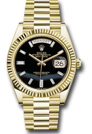 Replica Rolex Yellow Gold Day-Date 40 Watch 228238 Fluted Bezel Onyx Dial President Bracelet